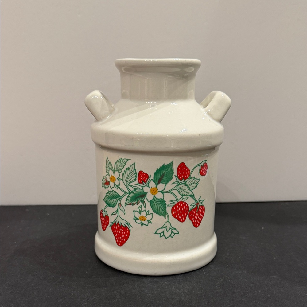 Interpur White Ceramic Milk Jug 6" Crock vase 2 Handles Painted Strawberries